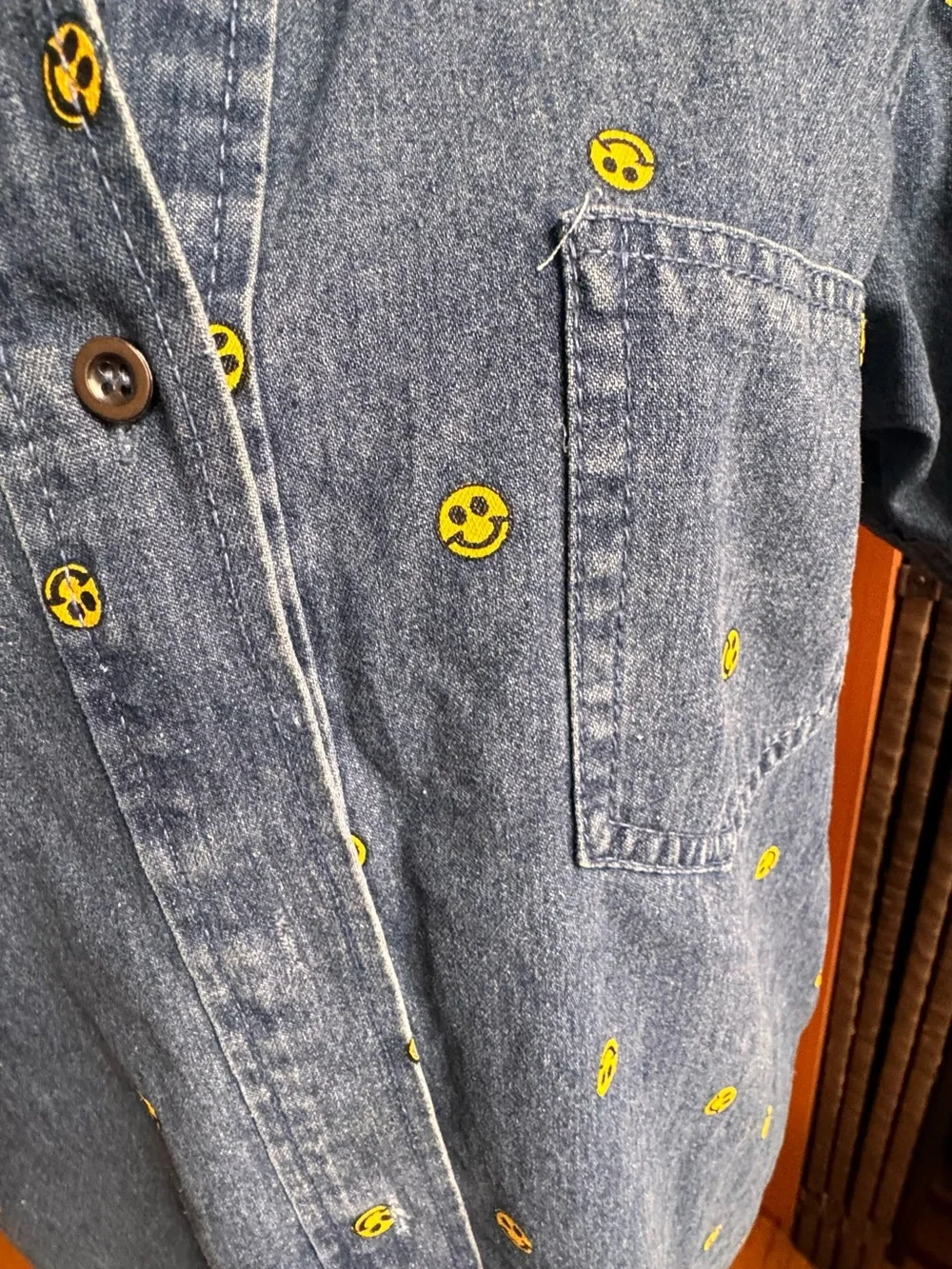 Denim Shirt Dress with Yellow Smile Embroidery - Kids